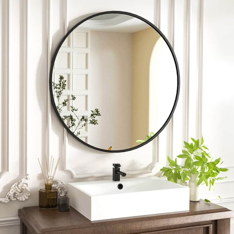 YVANLA Wall Mounted Bathroom Round Mirror with Metal Frame - 24" - Black