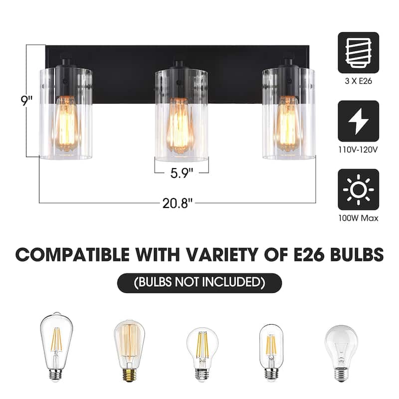Modern Black 3-Light Glass Dimmable Bathroom Vanity Light Fixture - 20.87" W x 9" H x 5.87" D