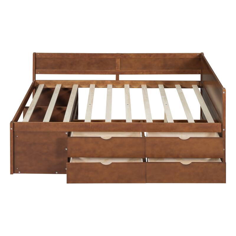 Daybed w/ 3 Storage Shelves, 4 Drawers, Wooden Platform Bed Frame