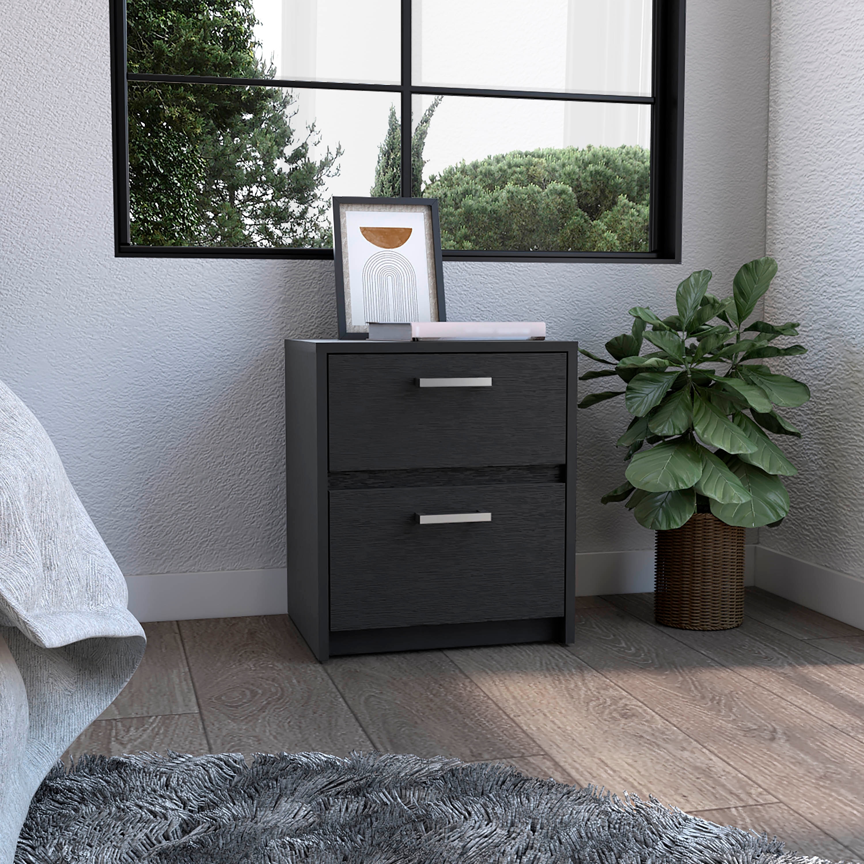 18-inch Nightstand with 2 Drawers and Metal Handles in Black