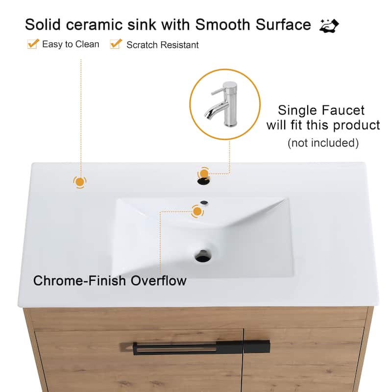 Malwee 24"/30"/36" FreeStanding Bathroom Vanity, Floor Stand Bathroom Vanity with Ceramic Top,Soft Close Door