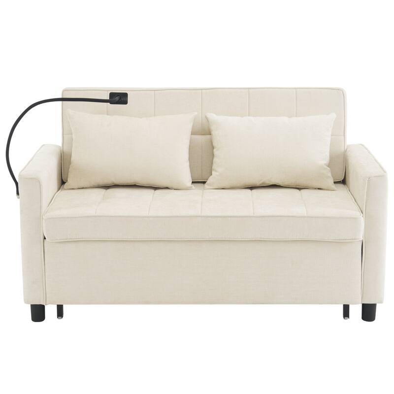 Roomfitters Loveseat Pull-Out Sofa Bed with Reversible Backrest Cushion, Side Pockets, USB Ports, and Phone Holder