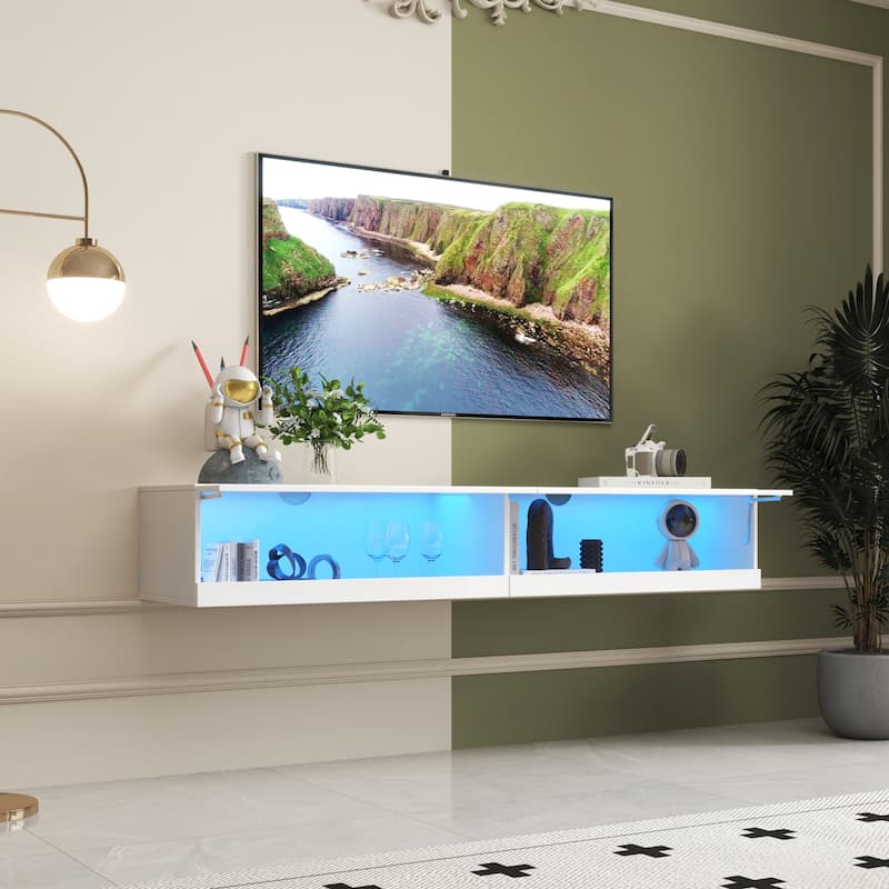 ​​Modern Floating TV Stand with 20 Color LEDs and 2 Storage Shelf Capacity for Living Room Bedroom and Office​