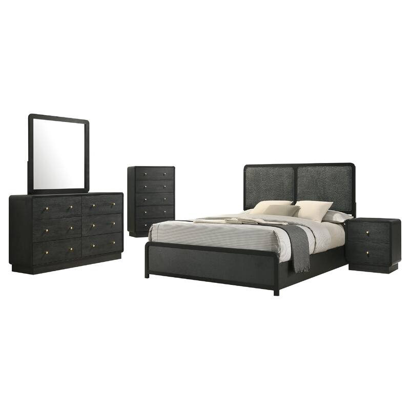 Cavy 5pc Queen Bedroom Set, Charcoal Gray Upholstery, Gold