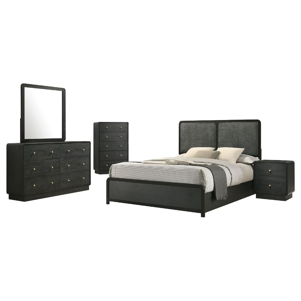 Cavy 5pc Queen Bedroom Set, Charcoal Gray Upholstery, Gold