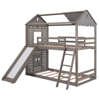 Twin Over Twin Wood Bunk Bed with Roof, Window, Shelf, Slide and Ladder ...