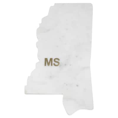 Lg Polished Marble "Mississippi" Cutting Board w/brass state abbreviation - White