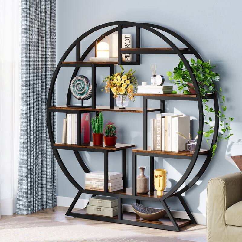 Industrial Round Bookshelf with 14 Shelving Units, Retro Organizer Rack Display Shelf - 59.06" L x 11.81" W x 62.99" H