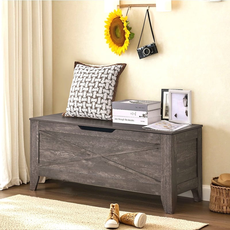 30/43.3 Inch Multi-Purpose Ottoman with Storage Flip Top Ottoman Bench with Hand Weave Poufs Padded for Bedroom Living Room - 15" x 43.3" - Grey