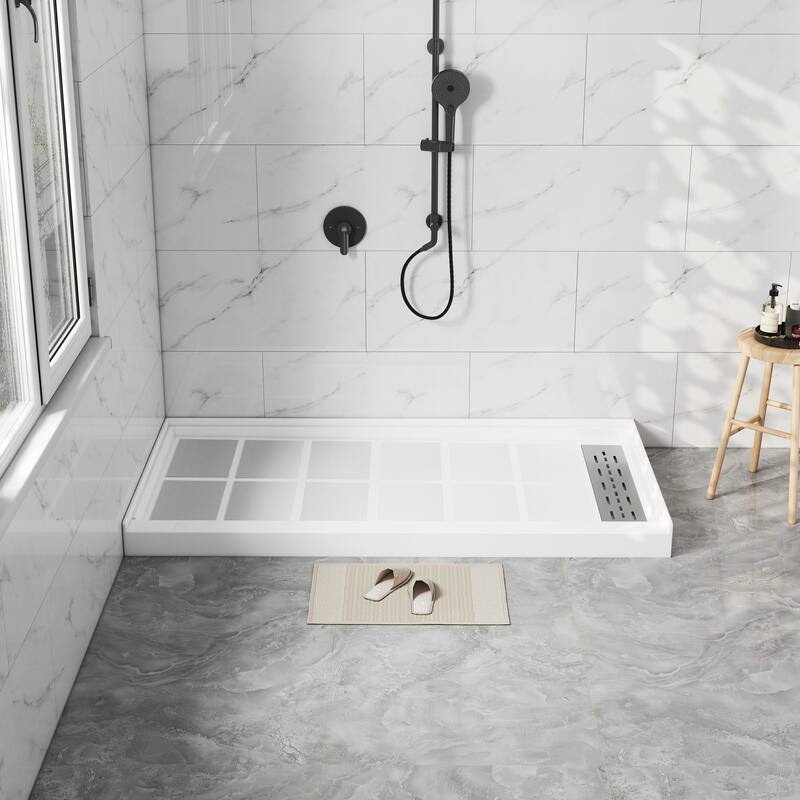 60 in. x 32 in. Elegant White Single Threshold Anti-slip SMC Rectangular Shower Base with Drain and Stainless Steel Drain Cover - White-Right Drain