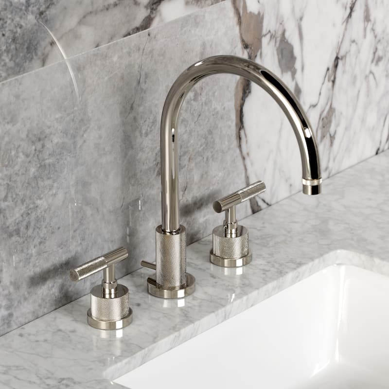 Kingston Brass Convergent Widespread Bathroom Faucet with Knurled Handle and Brass Pop-Up