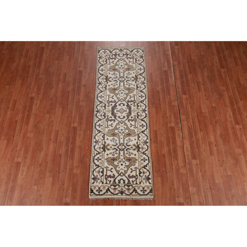 All-Over Ivory Oushak Oriental Runner Rug Handmade Wool Carpet - 2'6" x 7'11"