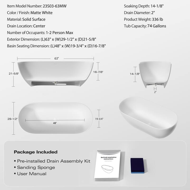 63" Matte White Freestanding Solid Surface Bathtub