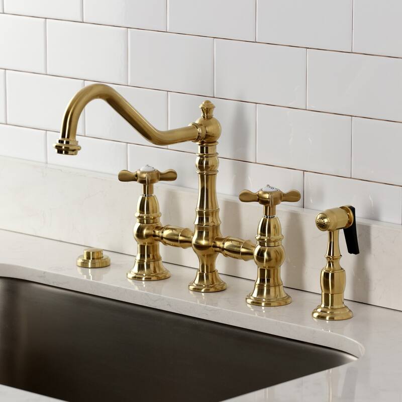 Kingston Brass Essex Two-Handle 4-Hole Deck Mount Bridge Kitchen Faucet with Brass Side Sprayer