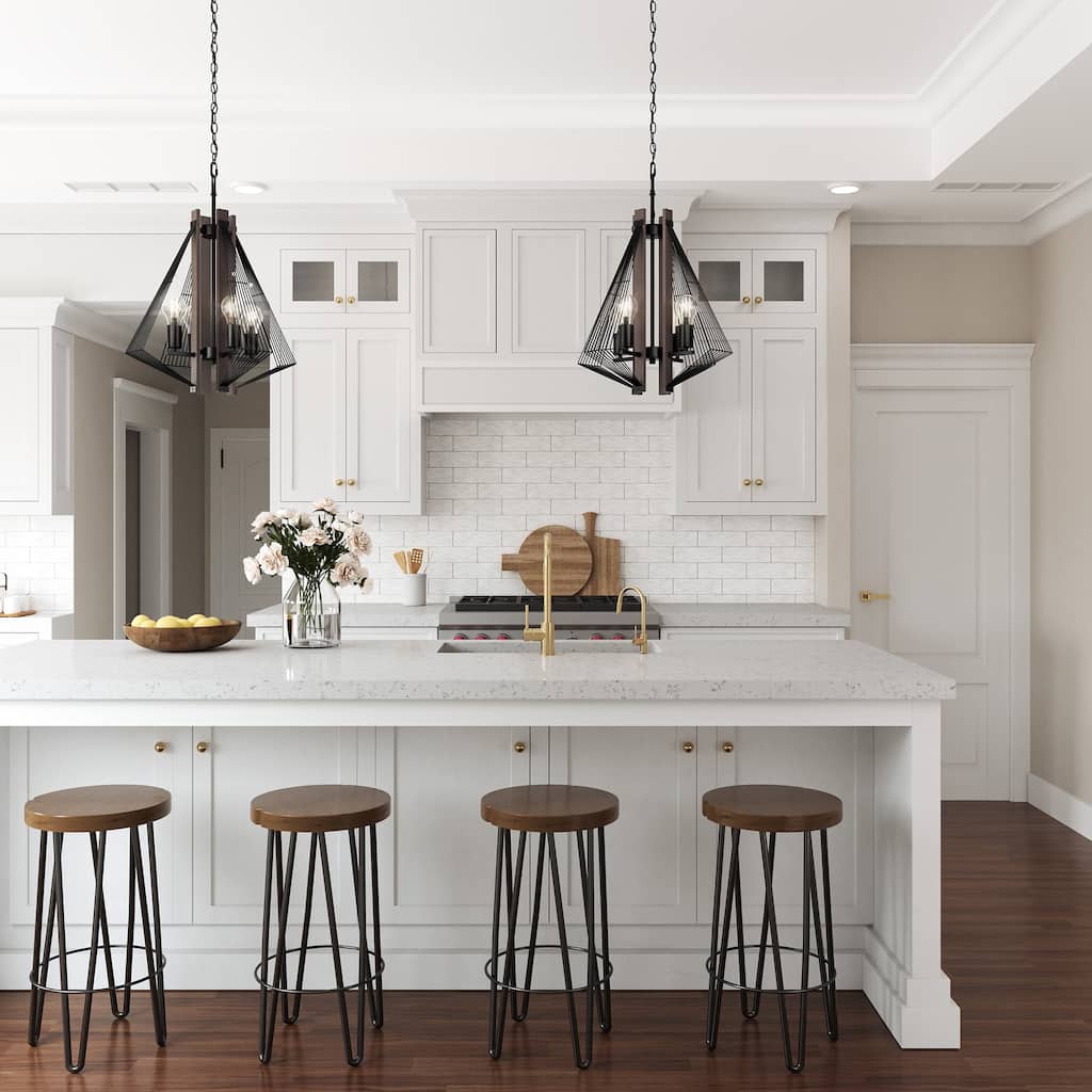 4-Light Black Metal and Wood Pendant Light - 18"D x 18"W x 96"H