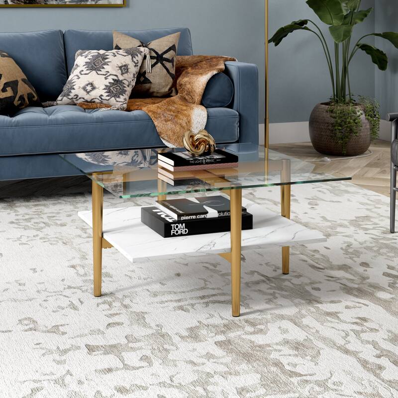 Otto 32" Wide Square Coffee Table with Faux Marble Shelf - Brass/Faux Marble