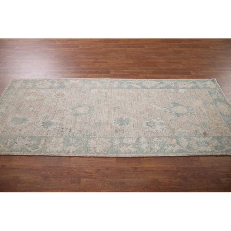 Hand Knotted Oriental 100% Wool Carpet Transitional All-Over Beige & Ivories Oushak Runner Rug - 7' 11'' X 3' 3''