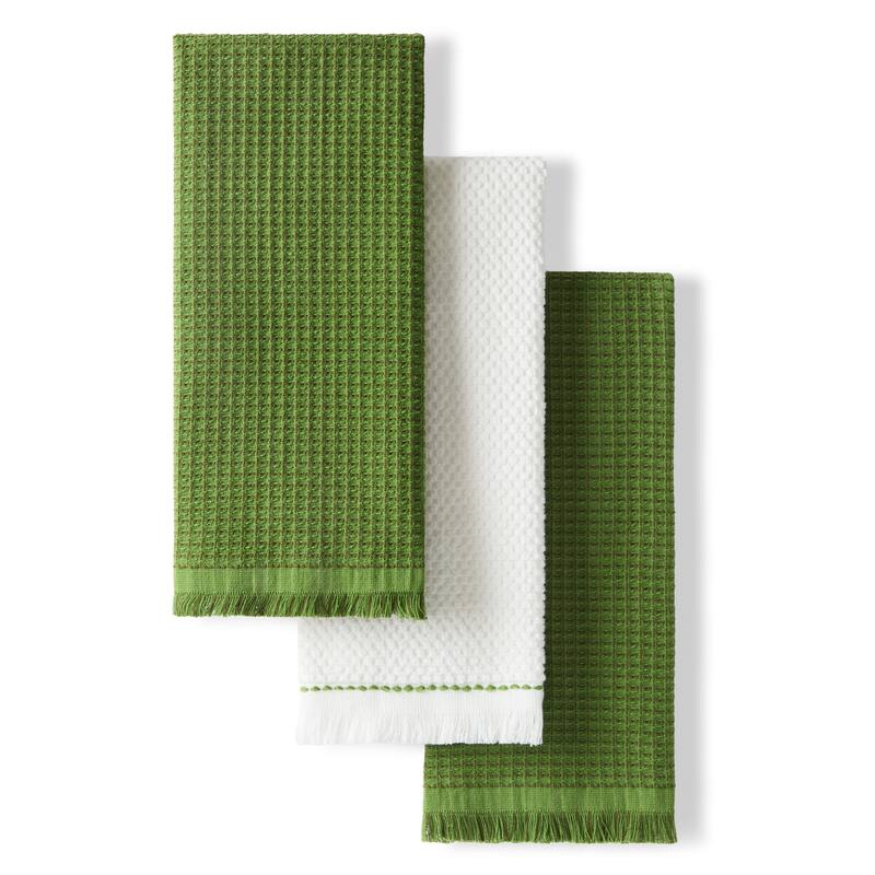 KITCHENAID Gourmet Series Gridlines Kitchen Towels 3-Pack Set, 100% Cotton Absorbent - 18"x28" - Matcha Green