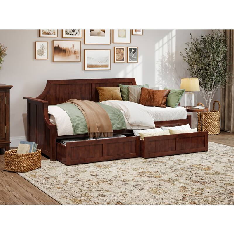 Twin Daybed with Drawers - Walnut Wood Frame, Curved Back, Underbed Storage