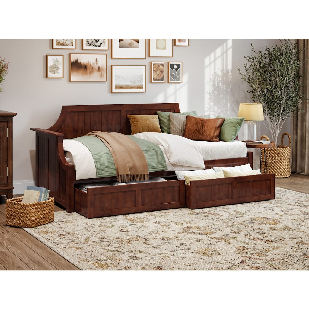 Twin Daybed with Drawers - Walnut Wood Frame, Curved Back, Underbed Storage