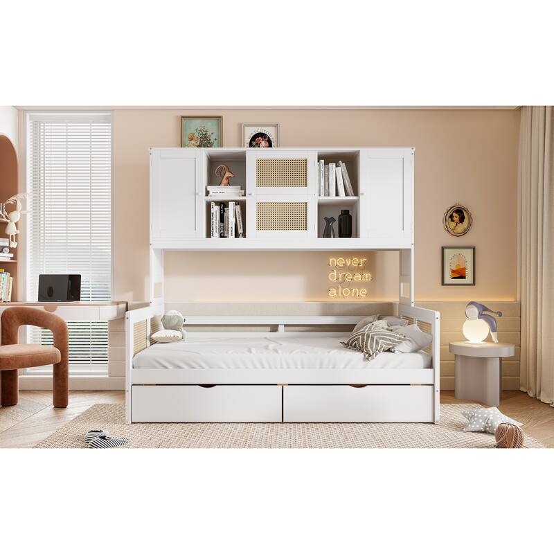 L-Shape Twin Size Daybed with Storage Cabinet and 2 Drawers, Bedroom Storage Bed Frame with Bookshelf, Wood Slats Support