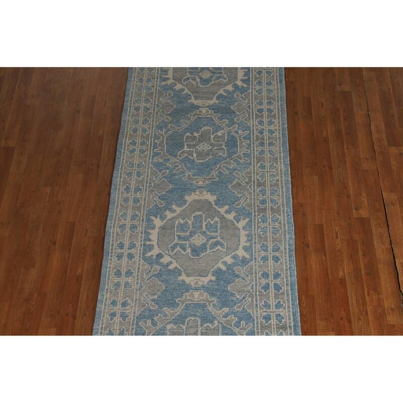 Hand Knotted Oriental 100% Wool Carpet Transitional Geometric Navy Blue & Blues Oushak Runner Rug - 15' 11'' X 3' 4''