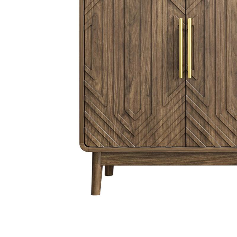 Anmytek Modern 4 Door Accent Cabinet Geometric Carved Wood Panels Adjustable Shelves Walnut Finish Gold Handles