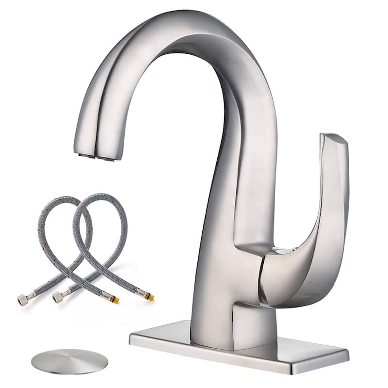 WOWOW Single Handle Gooseneck Bathroom Faucet with Deckplate Included - Brushed Nickel
