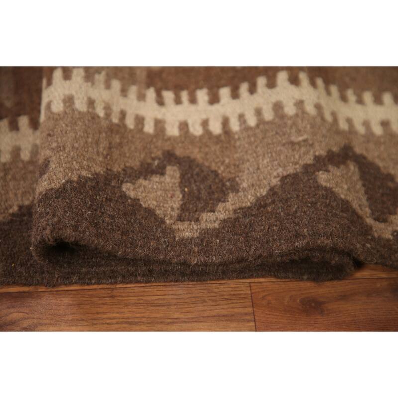 Geometric Kilim Oriental Runner Rug Flat-weave Brown Wool Carpet - 3'5" x 6'7"