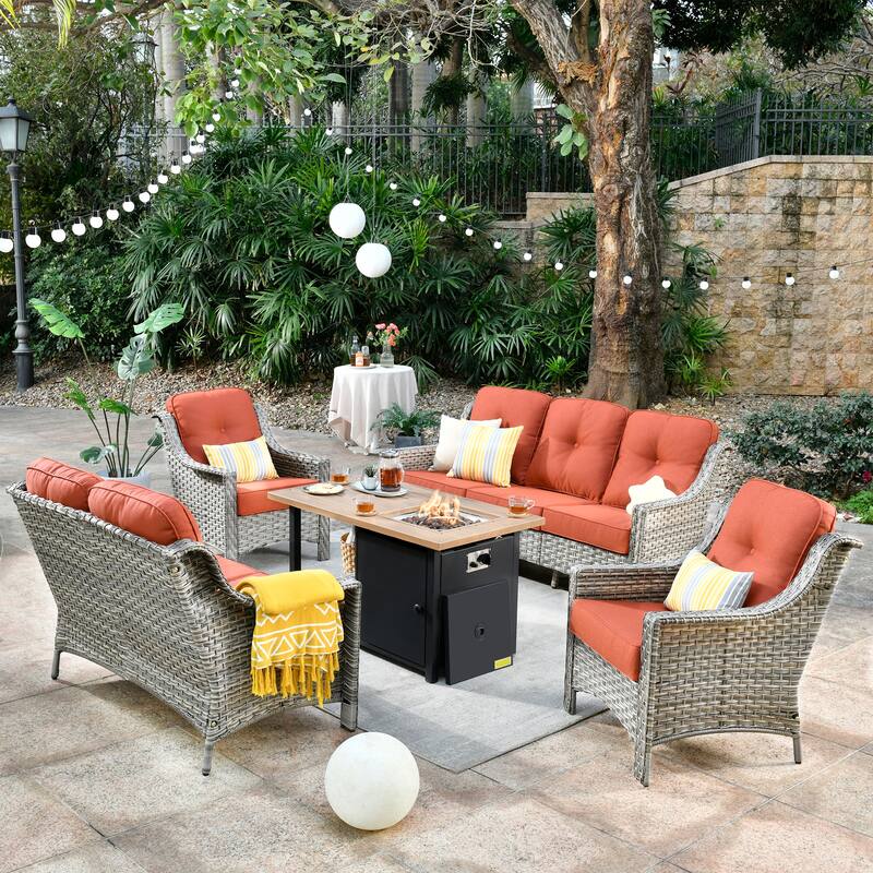 HOOOWOOO 5-piece Rattan Wicker High Back Patio Conversation Furniture Set
