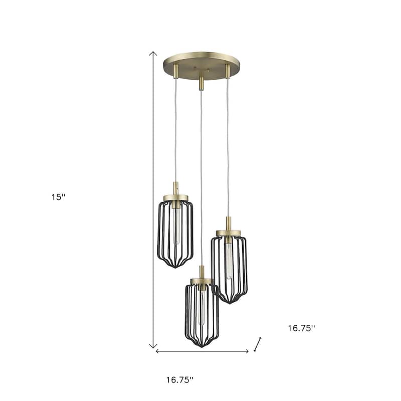 HomeRoots Gold Caged Three Light Metal Dimmable Chandelier With Black Shades - 16.75' X '15' X '16.75