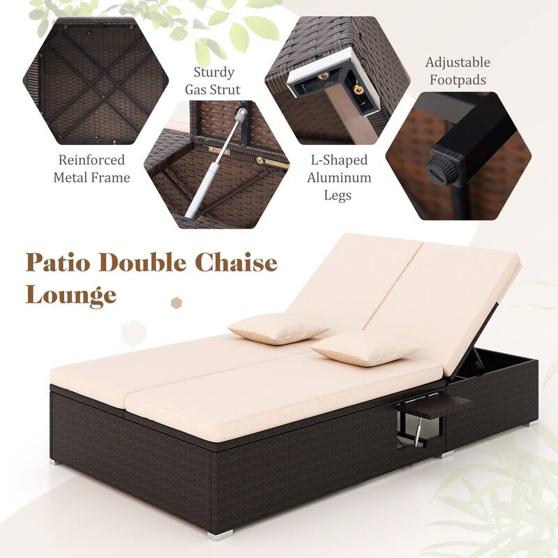 Comfortable Double Chaise Lounge with Cushions and Folding Side Tables Perfect Outdoor Relaxation - 76” L x 43” W x 13”-38” H