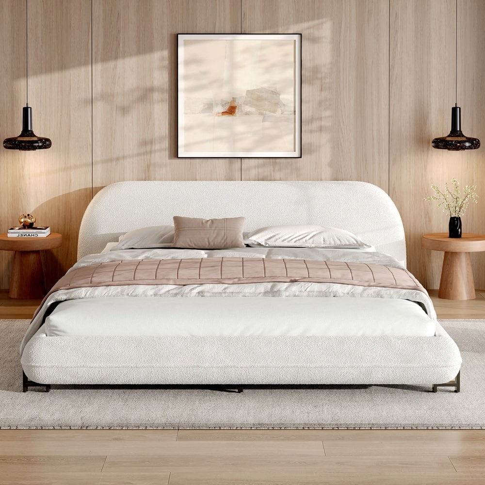 Boucle Fabric Upholstered Platform Bed with Curve-Shaped Design