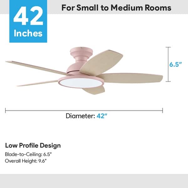 dimension image slide 1 of 9, 5 - Blade Low Profile Flush Mount Modern Ceiling Fan with LED Light and Remote