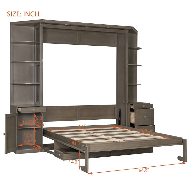 Space Saving Queen Murphy Bed with Integrated Desk, Storage Shelves Hidden Workstation