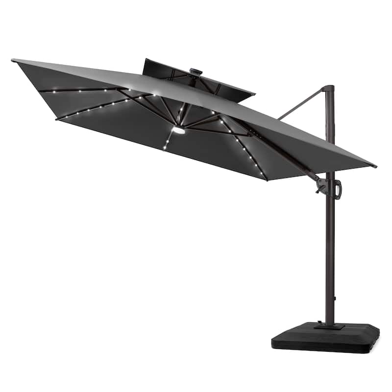 12 x 9 FT Outdoor Patio Aluminum Cantilever Umbrella with Solar Lights Double Canopy with Base