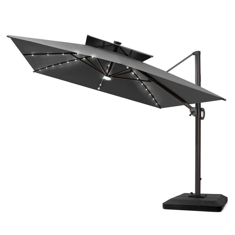 12 x 9 FT Outdoor Patio Cantilever Umbrella with Solar Lights Double Canopy 360 Rotation Tilt with Base