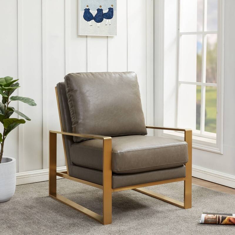 Jefferson Contemporary Leather Accent Armchair with Brushed Gold Base, Removable Cushions, and Durable Spring-Supported Seat