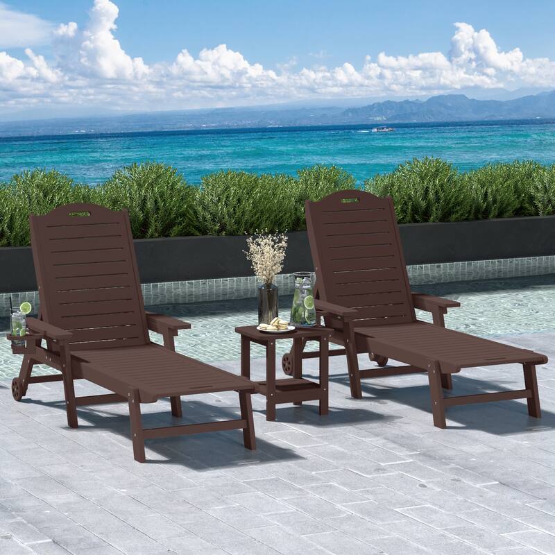 Brighton Outdoor 3-Piece Poly Reclining Chaise Set with Wheels & Cup Holder