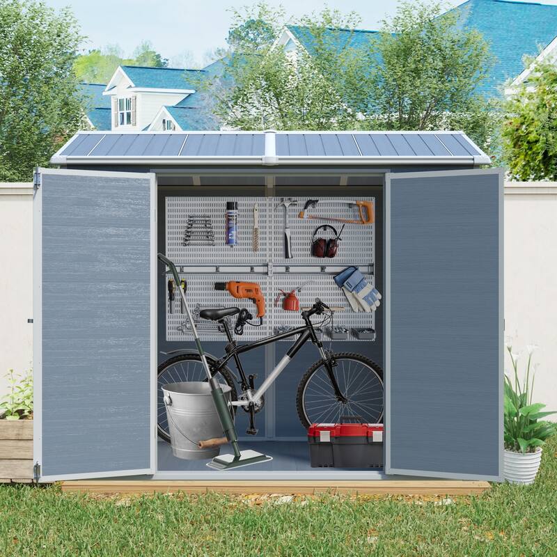 8ft x 4ft Outdoor Storage Shed – Plastic Shed with Two Windows, Double Doors & Floor for Garden, Patio, Yard & Lawn - Grey
