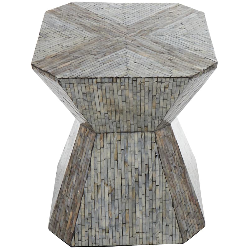 Mother of Pearl Shell Geometric Handmade Hourglass Side End Accent Table with Linear Mosaic Pattern - Gray - Roche River Decor