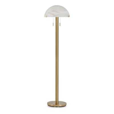 Sein 62 Inch Floor Lamp, Double Pull Chain Switch, Glass Dome Shade, Brass