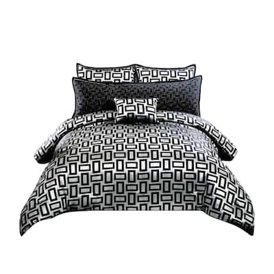 6 Piece Polyester King Comforter Set with Geometric Print, Gray and Black