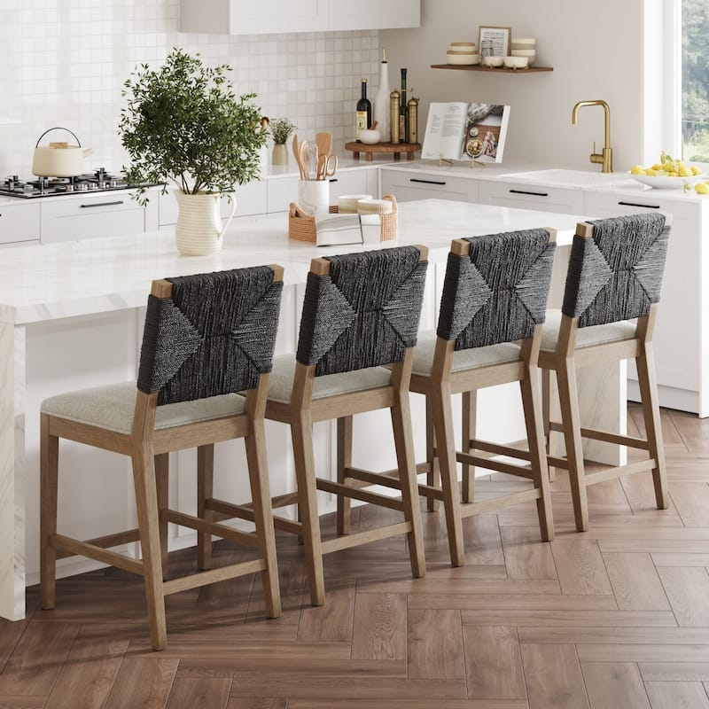 Beacon Bohemian Boucle Bar Stool, Upholstered Counter Height Chair with Solid Wood Frame and Woven Seagrass Back - Set of 4 - Cream Boucle/Black/Gray Mahogany - Counter Height