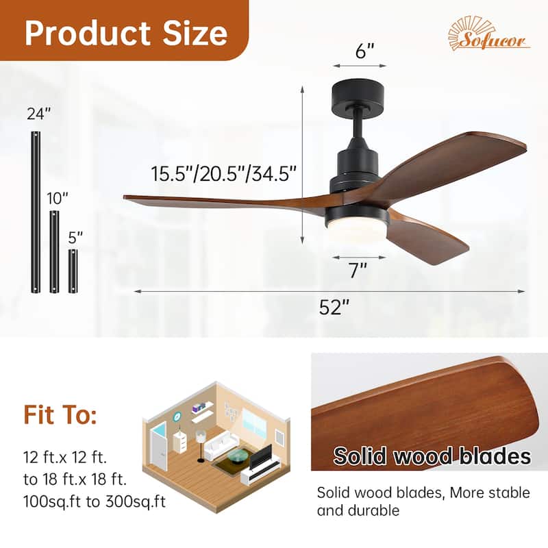 60 Inch Solid Wood Ceiling Fan with Light and Remote, Reverse Functions, Integrated Light Optional
