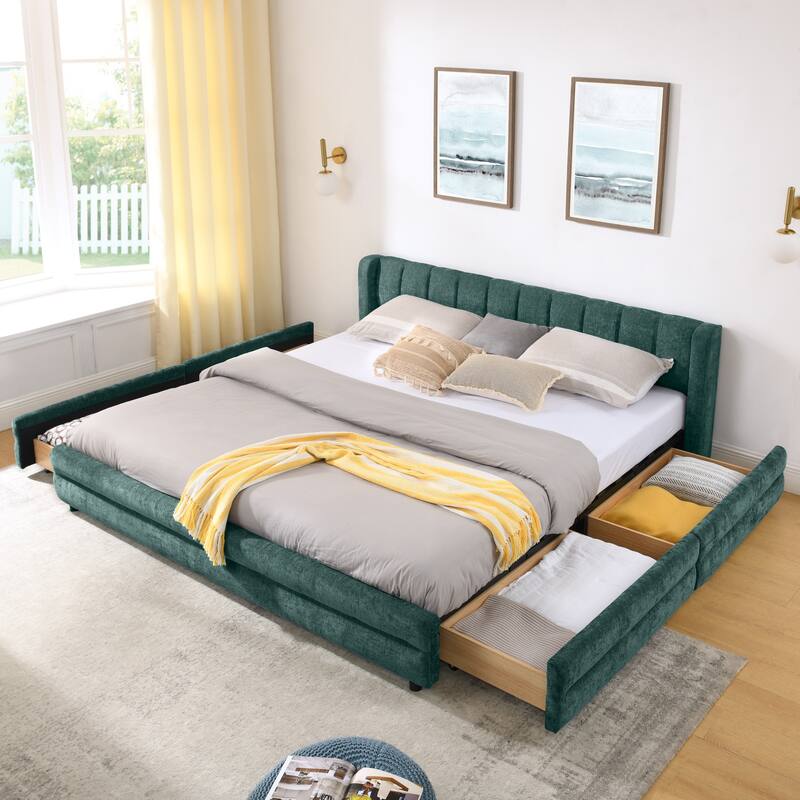 King Size Upholstered Bed Frame with Thick Fabric, comfortable upholstered bed frame, Chenille fabric