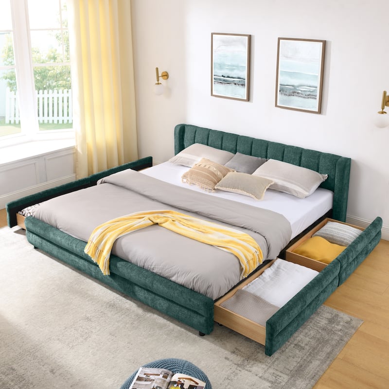 Thick Fabric Upholstered Bed Frame, Low Profile Storage Platform Bed with 4 Storage Drawers, Metal Legs and Wood Slat Support - Blue Green - King
