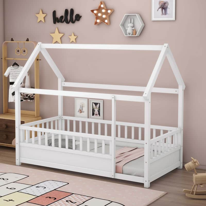 Twin Size Floor Wooden Bed with Fence Guardrails - White