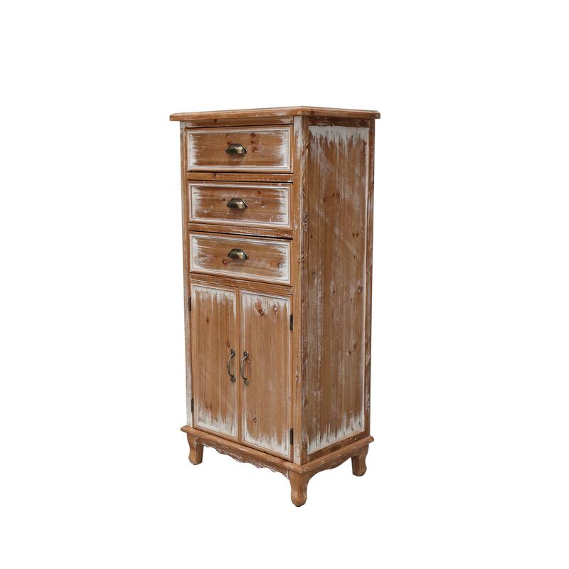 Rustic Wooden Storage Cabinet with Decorative Cutout Door & 3 Drawers, Tall Narrow Organizer for Living Room, Bedroom