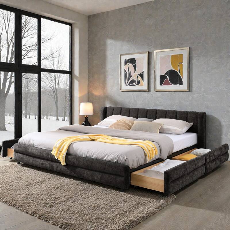 King Upholstered Bed Frame with Chenille Fabric, Soft Headboard and Underbed Storage Drawer, Modern Platform Design
